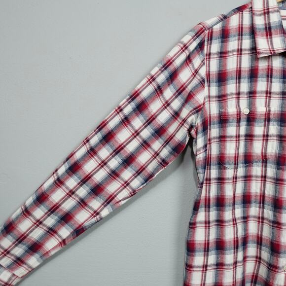 Horny Toad Flannel Tunic Top Sz S Red Cream Plaid Gathered Back Shirt Pockets LS - Picture 8 of 14